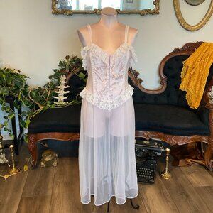 Vintage Sheer Bustier Dress Gown lingerie coquette Ruffle night gown Large White